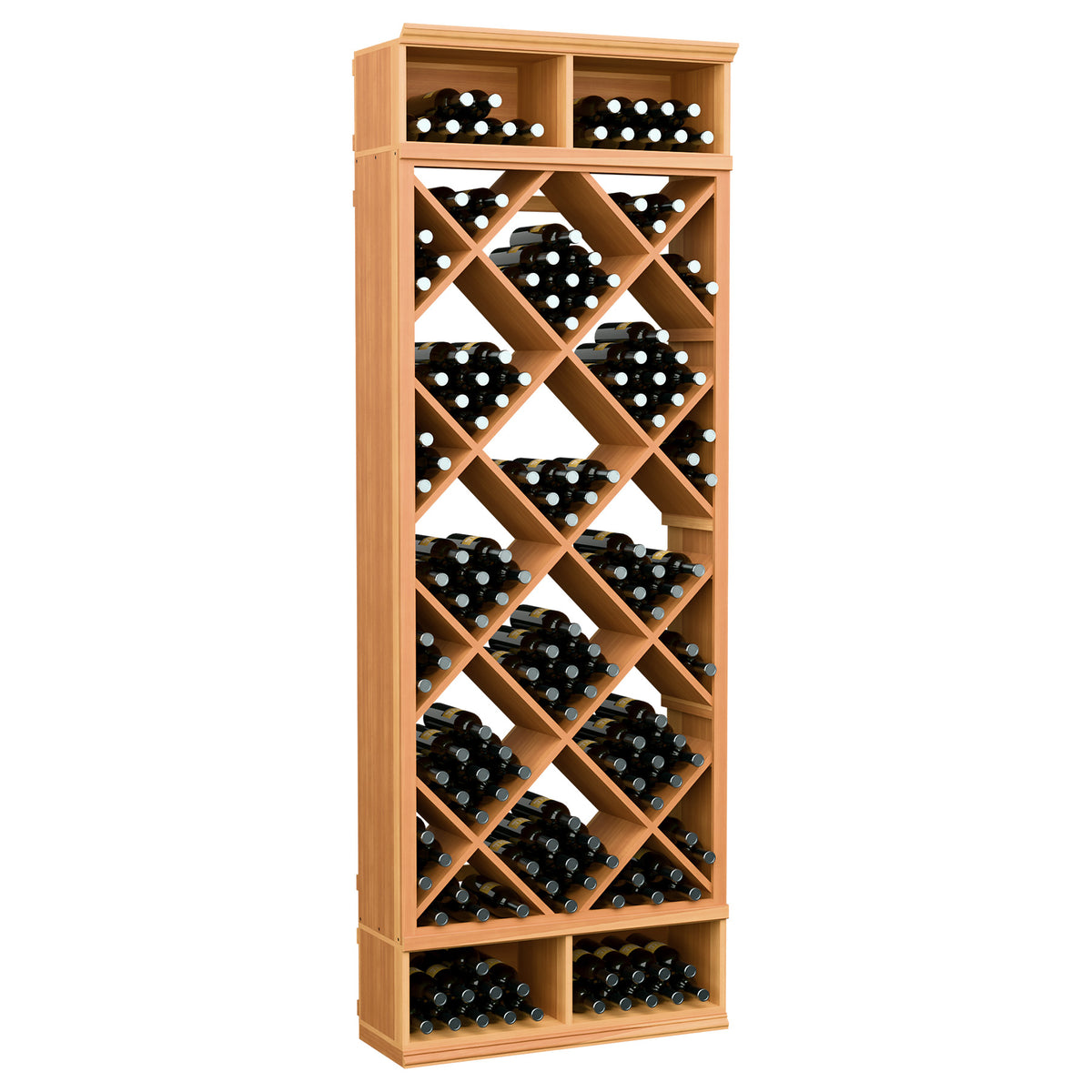 Tall wine bottle storage bin with diamond lattice shelves, warm wood frame