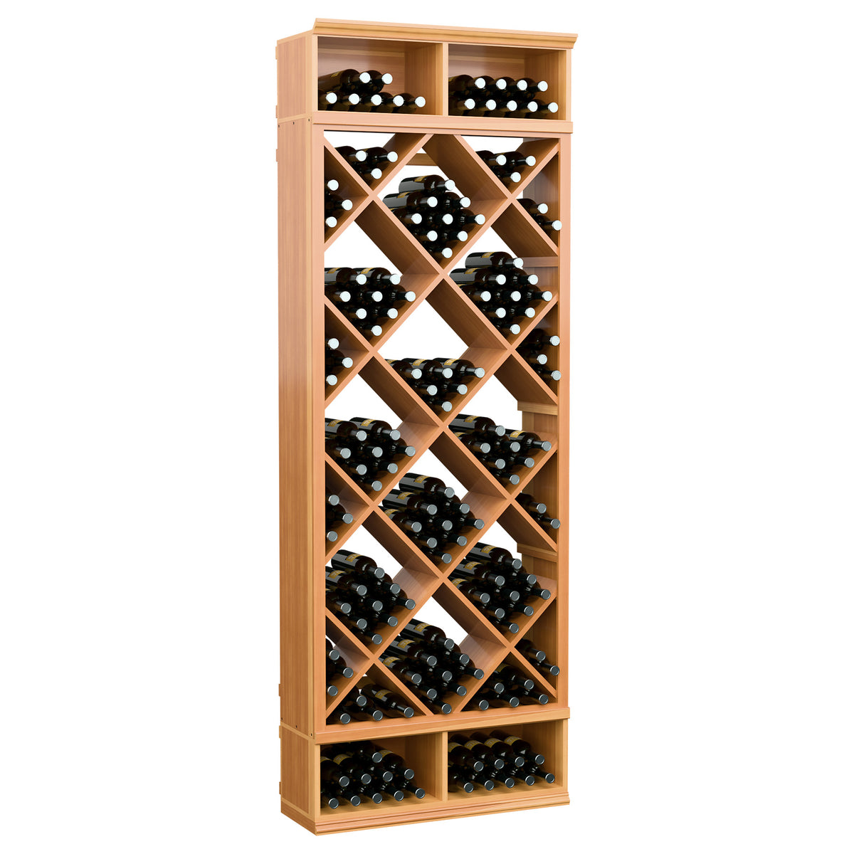 Tall wine bottle storage bin with diamond lattice shelves, warm wood frame and bottles