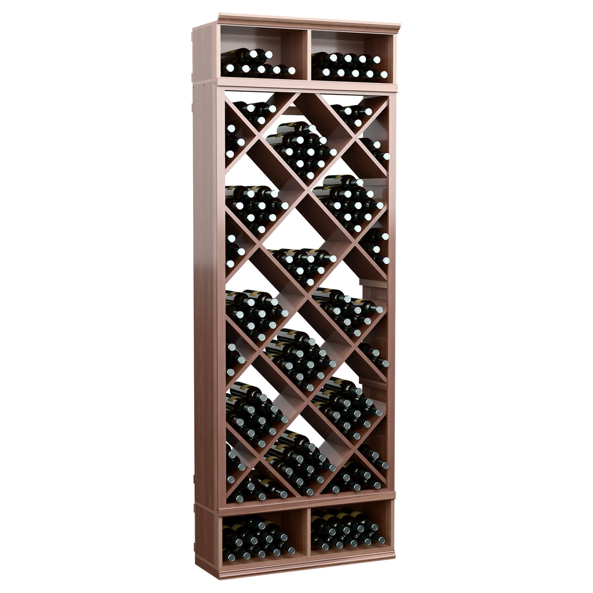 Tall wine bottle storage bin with diamond lattice shelves, medium-dark wood frame