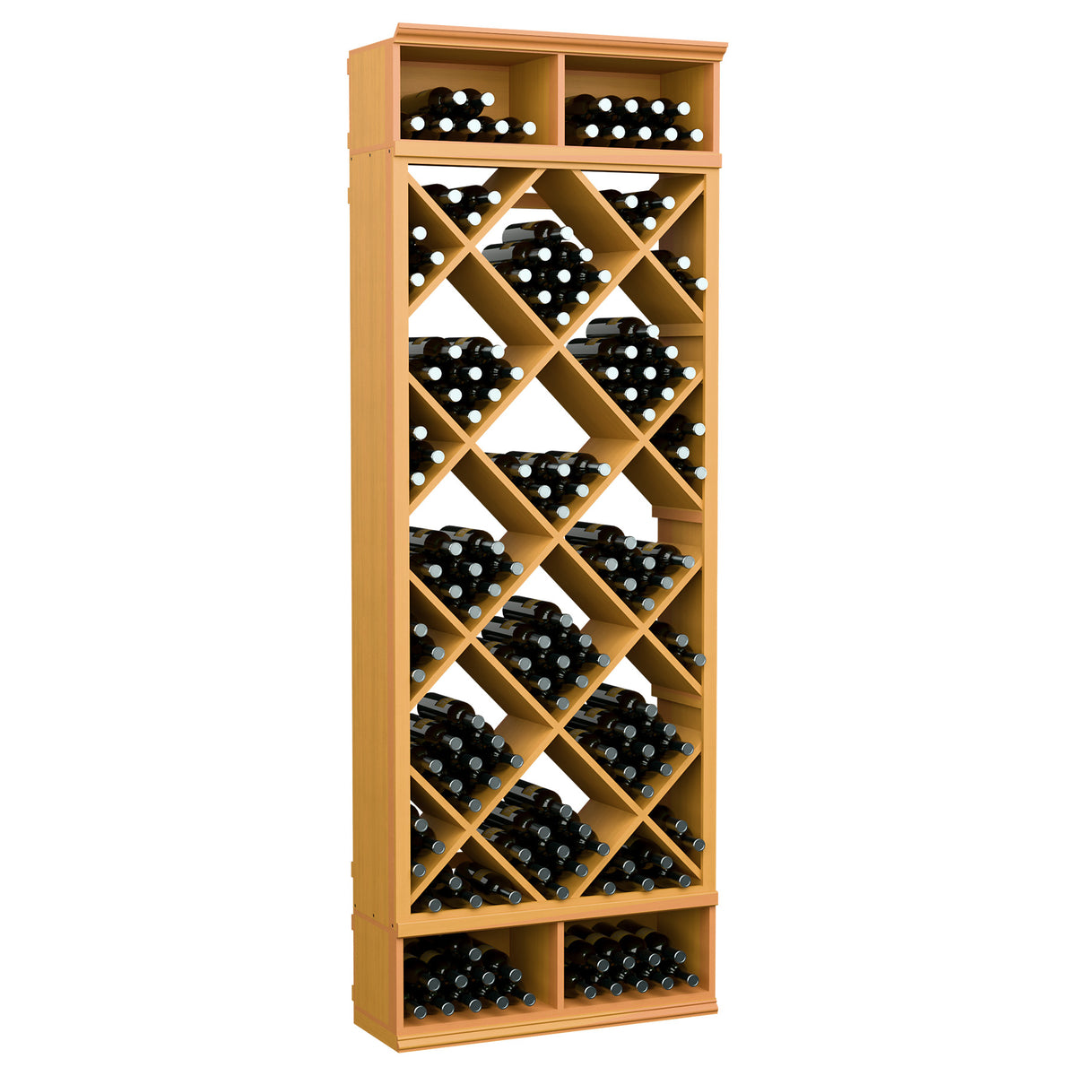Tall wine bottle storage bin with diamond lattice shelves, light golden wood frame