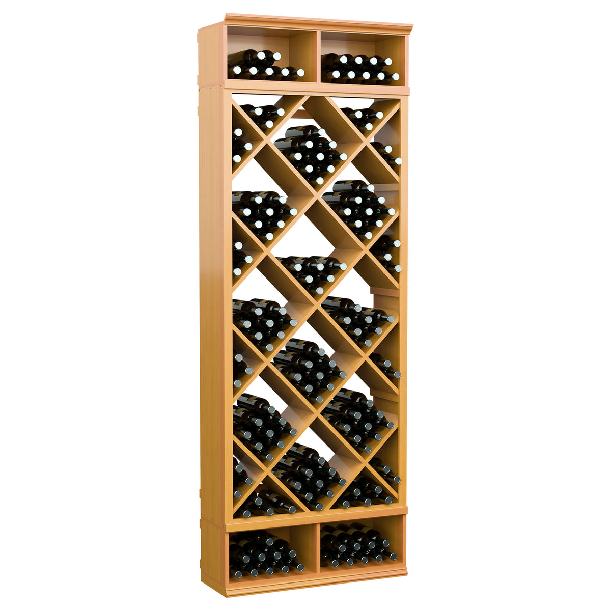 Tall wine bottle storage bin with diamond lattice shelves, golden wood frame and bottles
