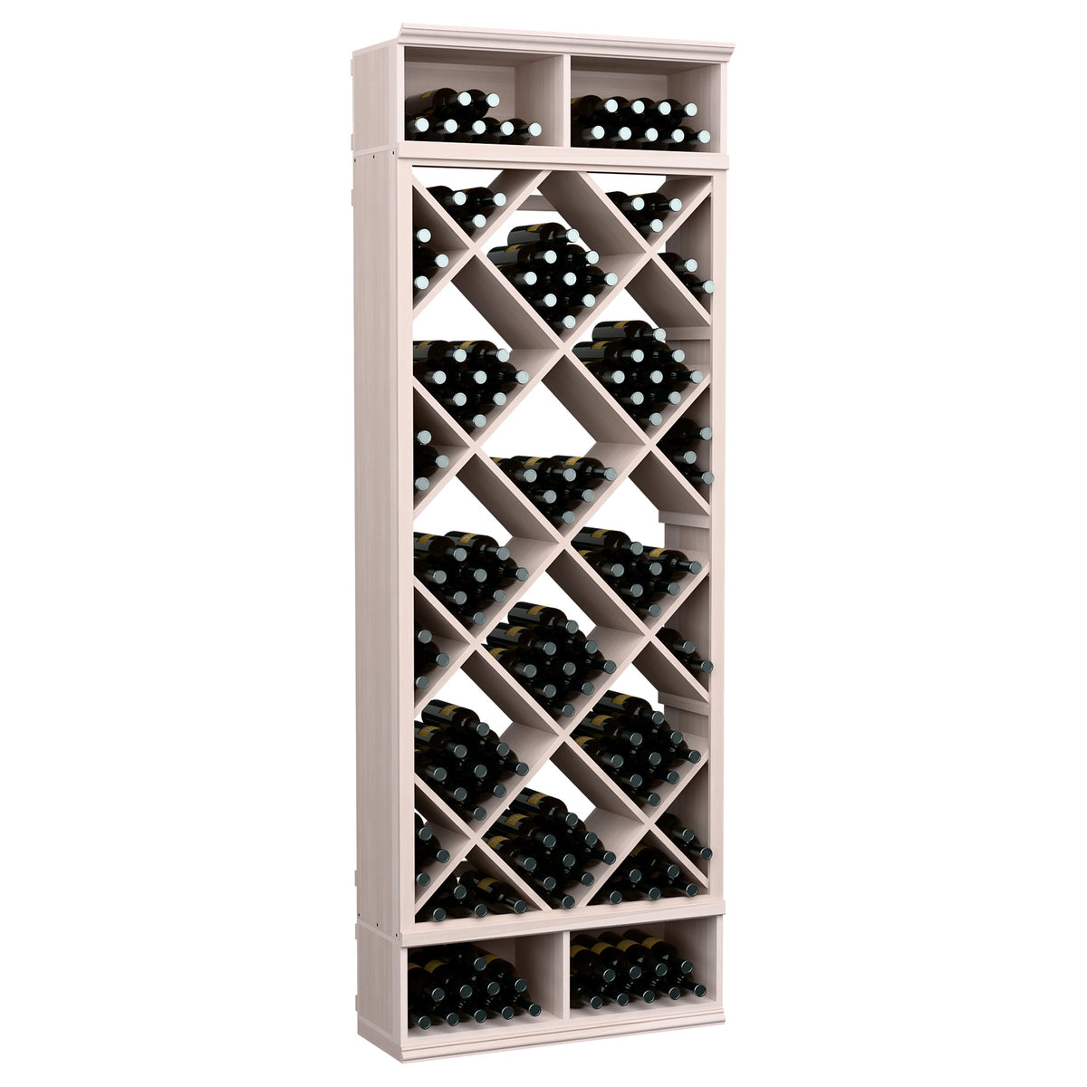 Tall wine bottle storage bin with diamond lattice shelves, white-washed wood frame