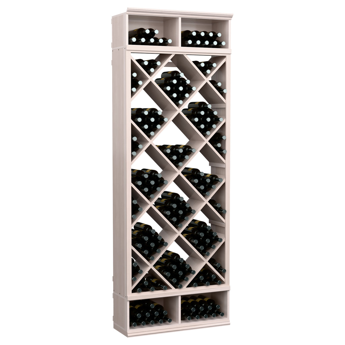Tall wine bottle storage bin with diamond lattice shelves, white-washed wood frame and bottles