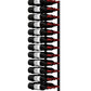 Wall-mounted metal wine rack with dark wine bottles and red corks, full bottle row