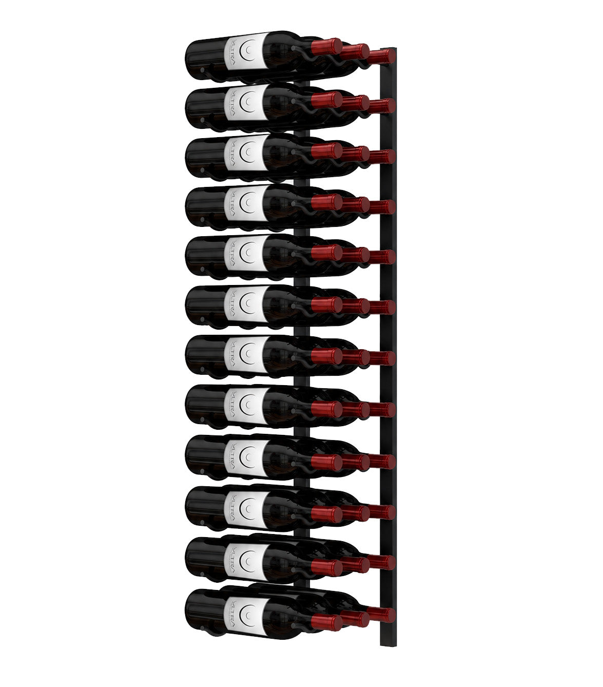 Wall-mounted metal wine rack with dark wine bottles and red corks, full bottle row