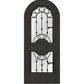 Dark wood wine cellar door with arched iron speakeasy grille and decorative inset panels