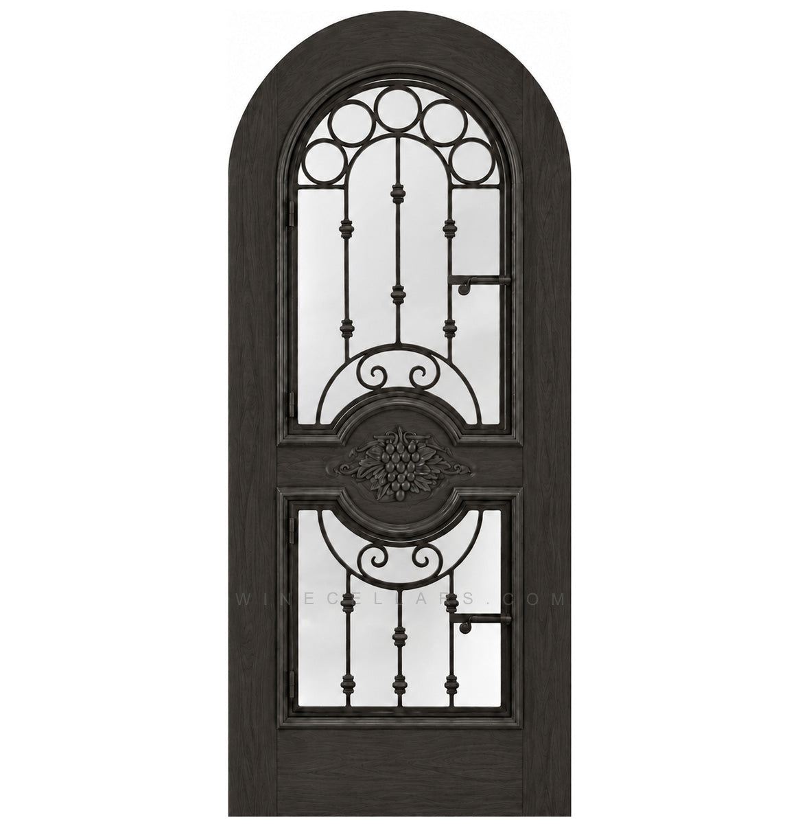 Dark wood wine cellar door with arched iron speakeasy grille and decorative inset panels