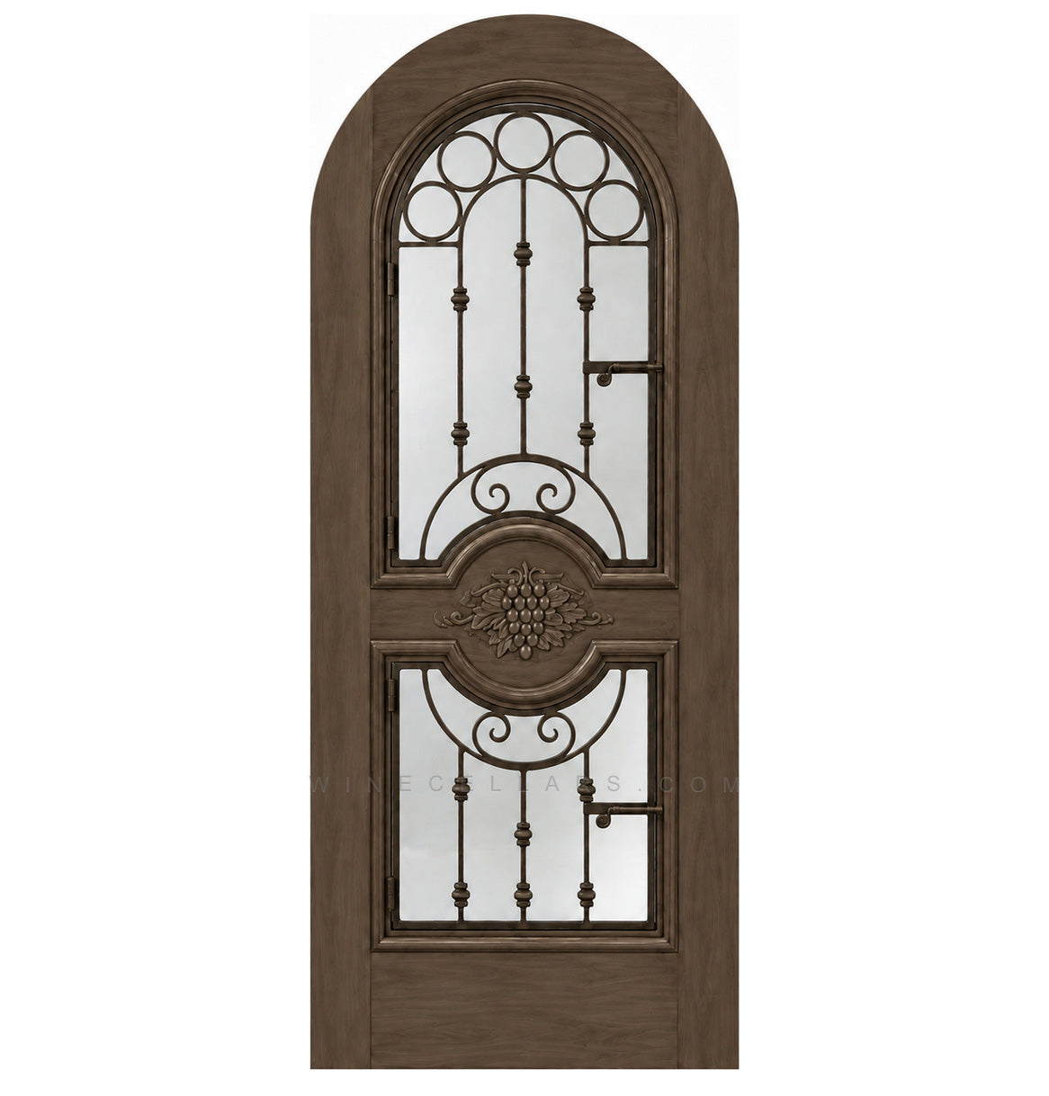 Brown wood wine cellar door with arched iron speakeasy grille and decorative inset panels