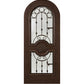 Medium-brown wood wine cellar door with arched iron speakeasy grille and decorative inset panels