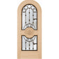 Light wood wine cellar door with arched iron speakeasy grille and decorative inset panels