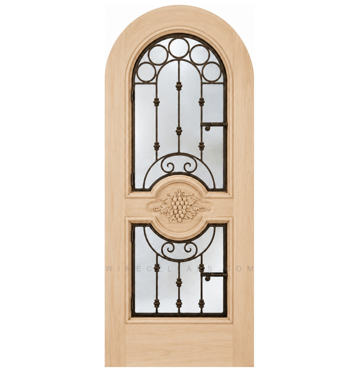 Light wood wine cellar door with arched iron speakeasy grille and decorative inset panels
