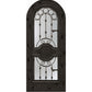Black wine cellar door with arched iron speakeasy grille and decorative inset panels