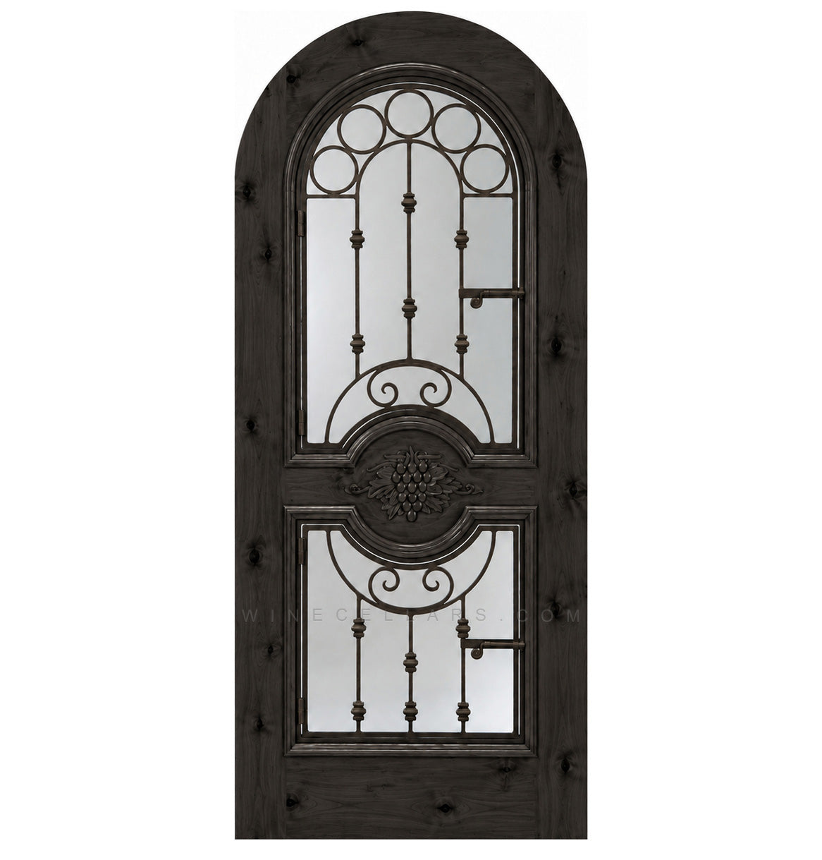 Black wine cellar door with arched iron speakeasy grille and decorative inset panels