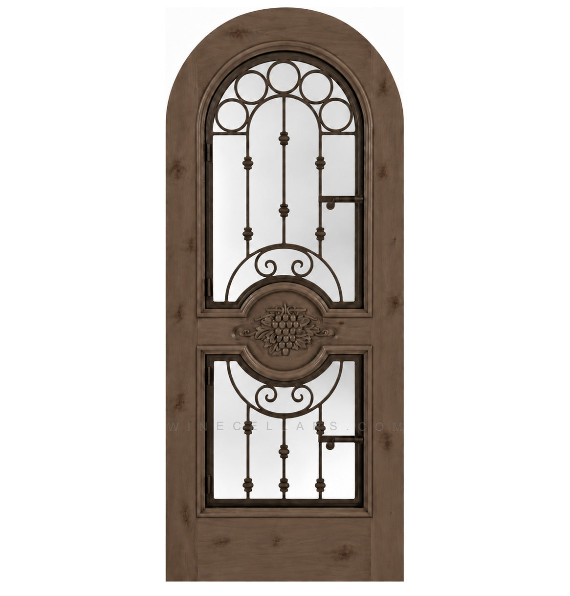 Stone-tan wood wine cellar door with arched iron speakeasy grille and decorative inset panels