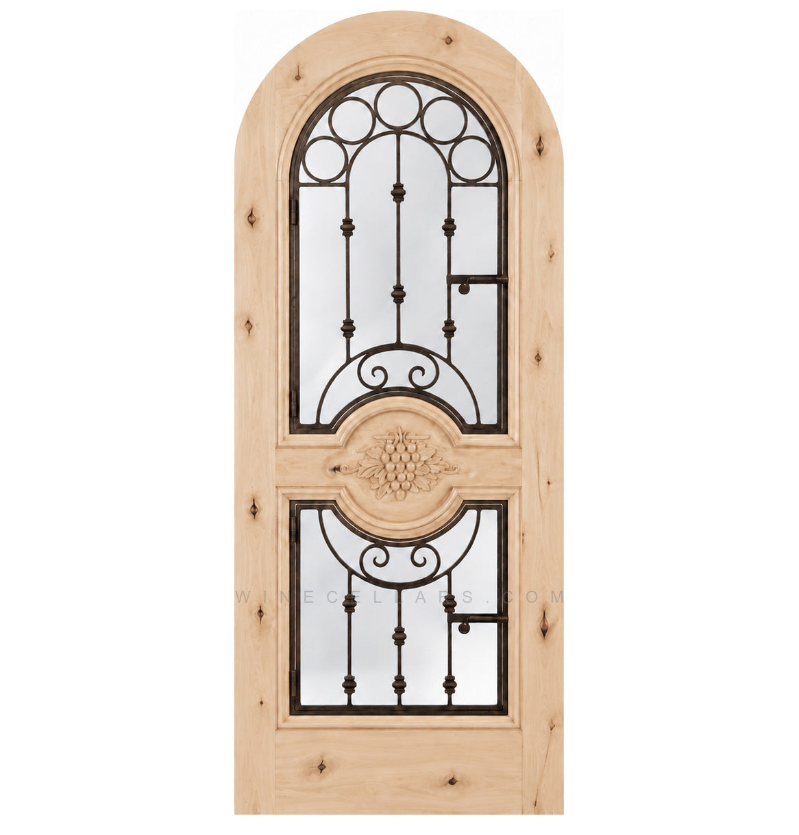 Natural light wood wine cellar door with arched iron speakeasy grille and decorative inset panels