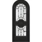 Black arched wine cellar door with decorative iron grille and two glass panels
