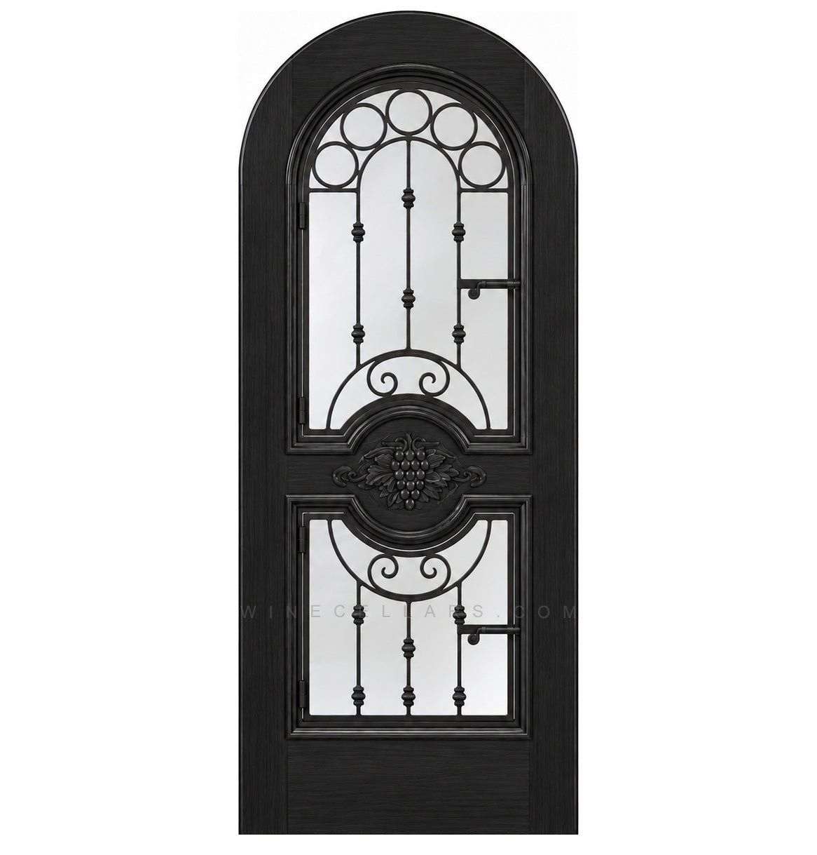 Black arched wine cellar door with decorative iron grille and two glass panels