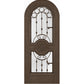 Brown arched wine cellar door with decorative iron grille and two glass panels