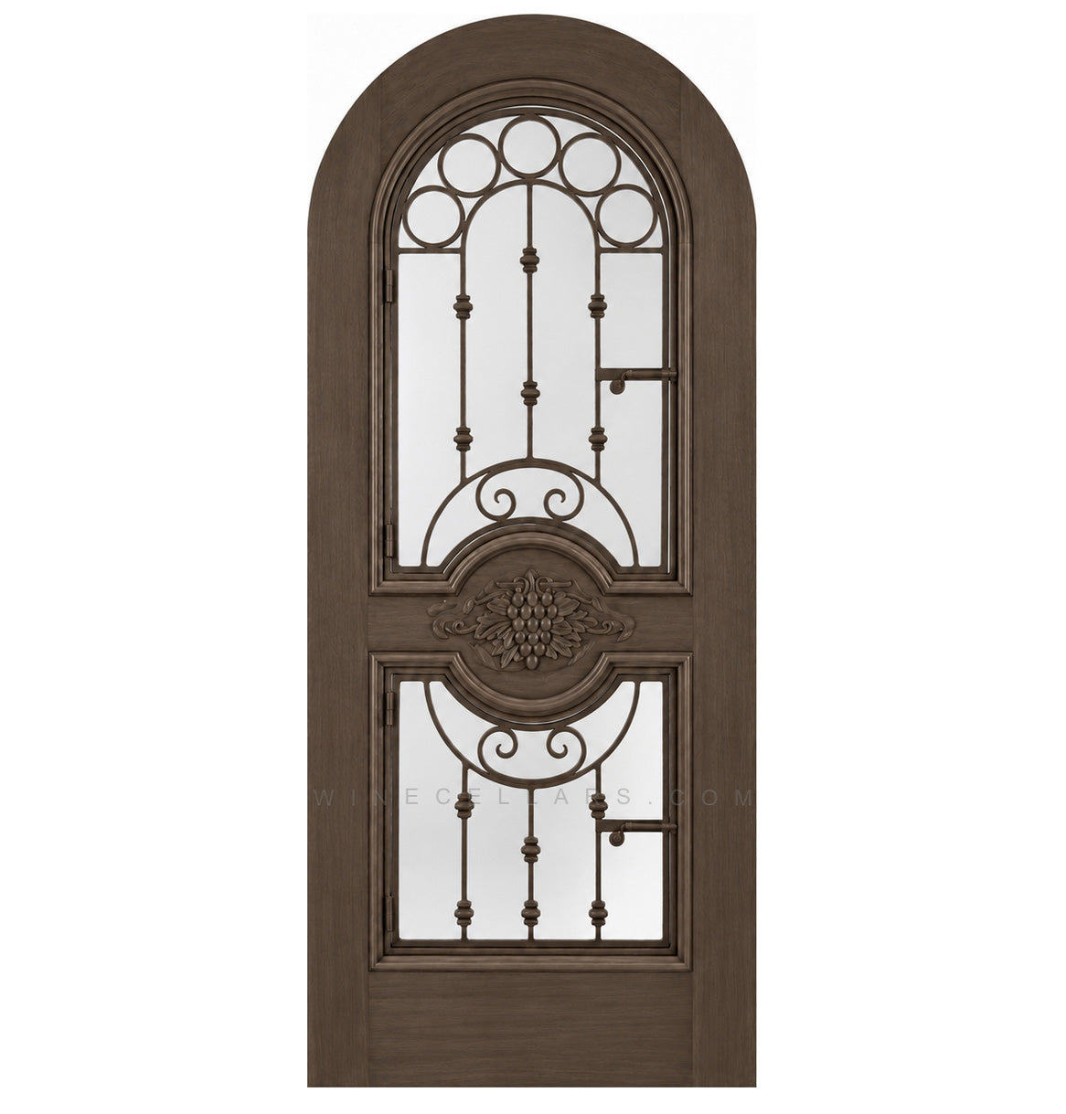Brown arched wine cellar door with decorative iron grille and two glass panels