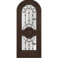 Dark brown arched wine cellar door with decorative iron grille and two glass panels