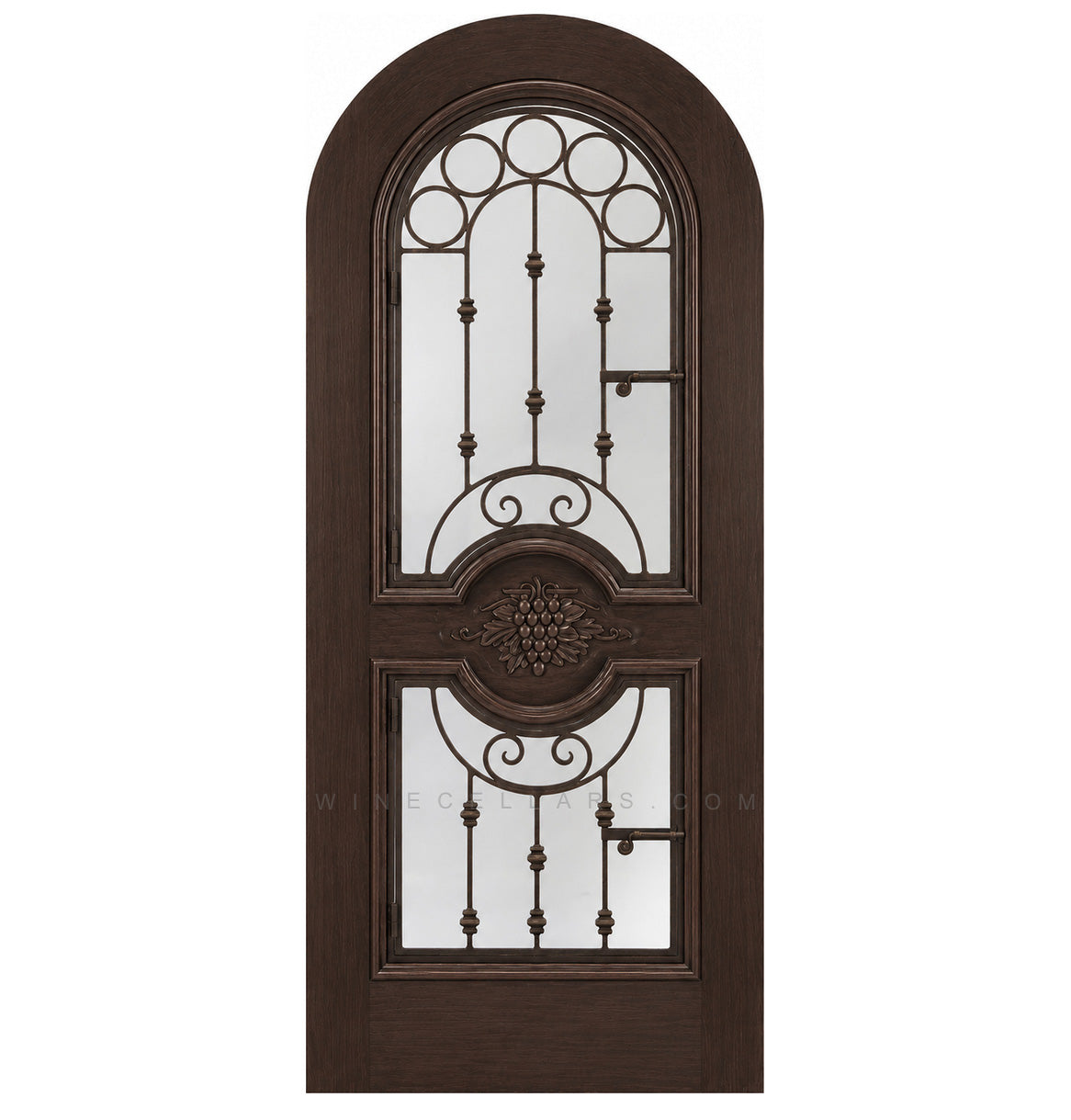 Dark brown arched wine cellar door with decorative iron grille and two glass panels