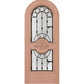 Light pink arched wine cellar door with decorative iron grille and two glass panels