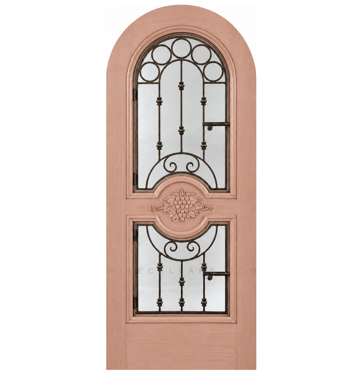 Light pink arched wine cellar door with decorative iron grille and two glass panels