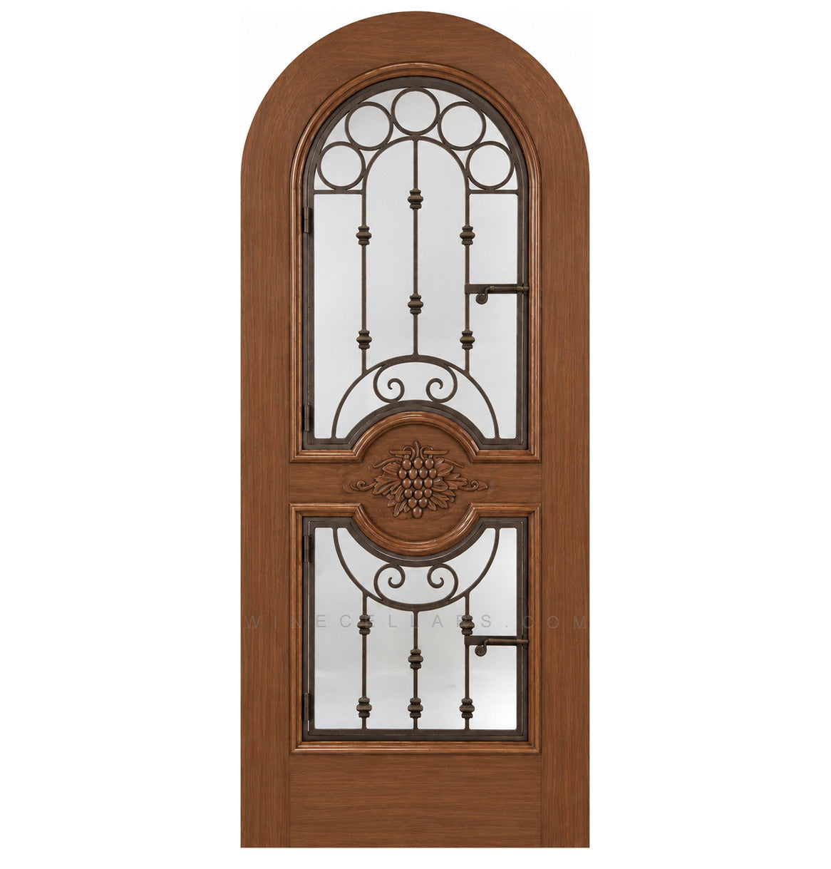 Warm brown arched wine cellar door with decorative iron grille and two glass panels