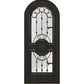 Dark charcoal arched wine cellar door with decorative iron grille and two glass panels