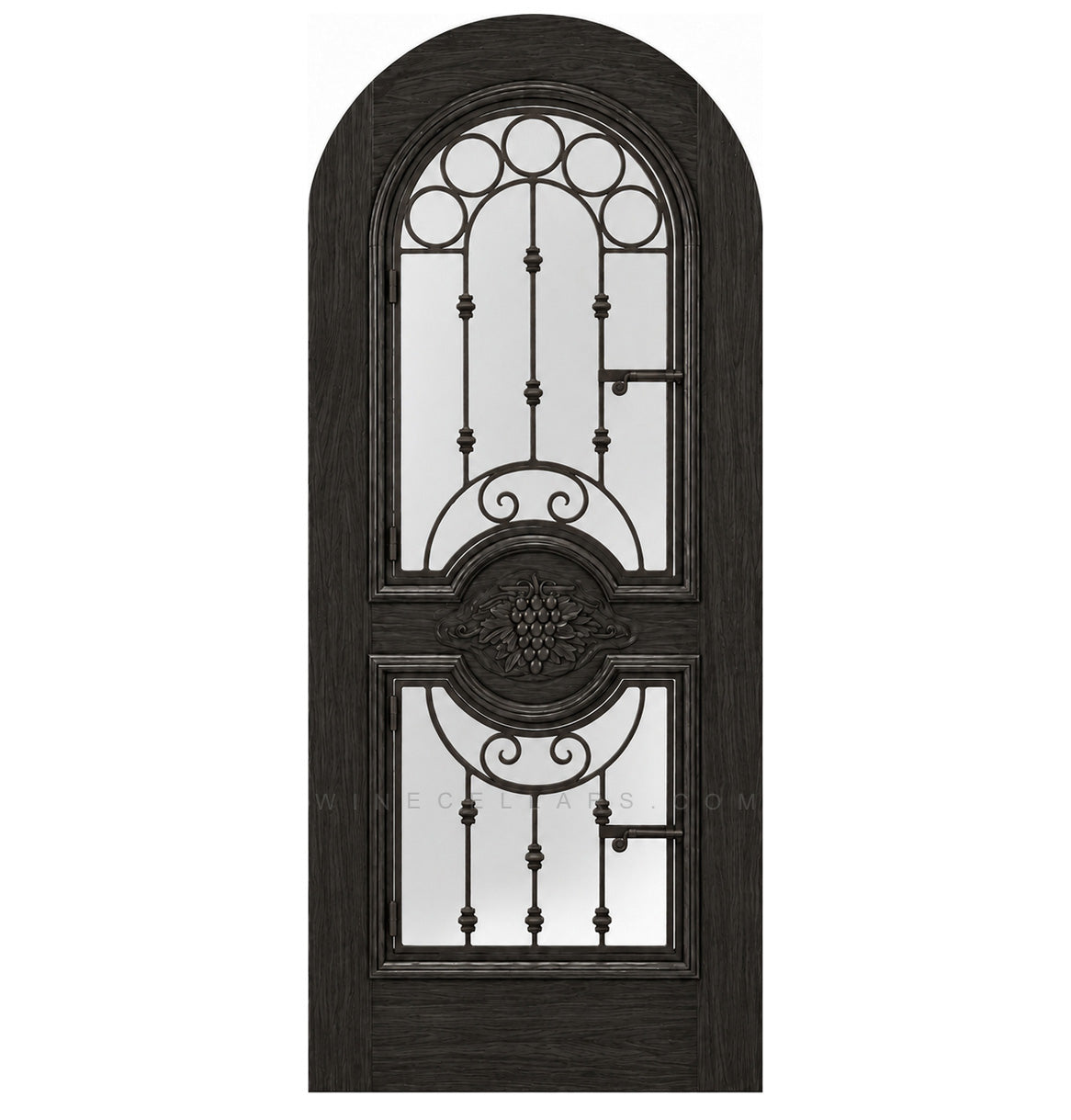 Dark charcoal arched wine cellar door with decorative iron grille and two glass panels