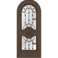 Medium brown arched wine cellar door with decorative iron grille and two glass panels