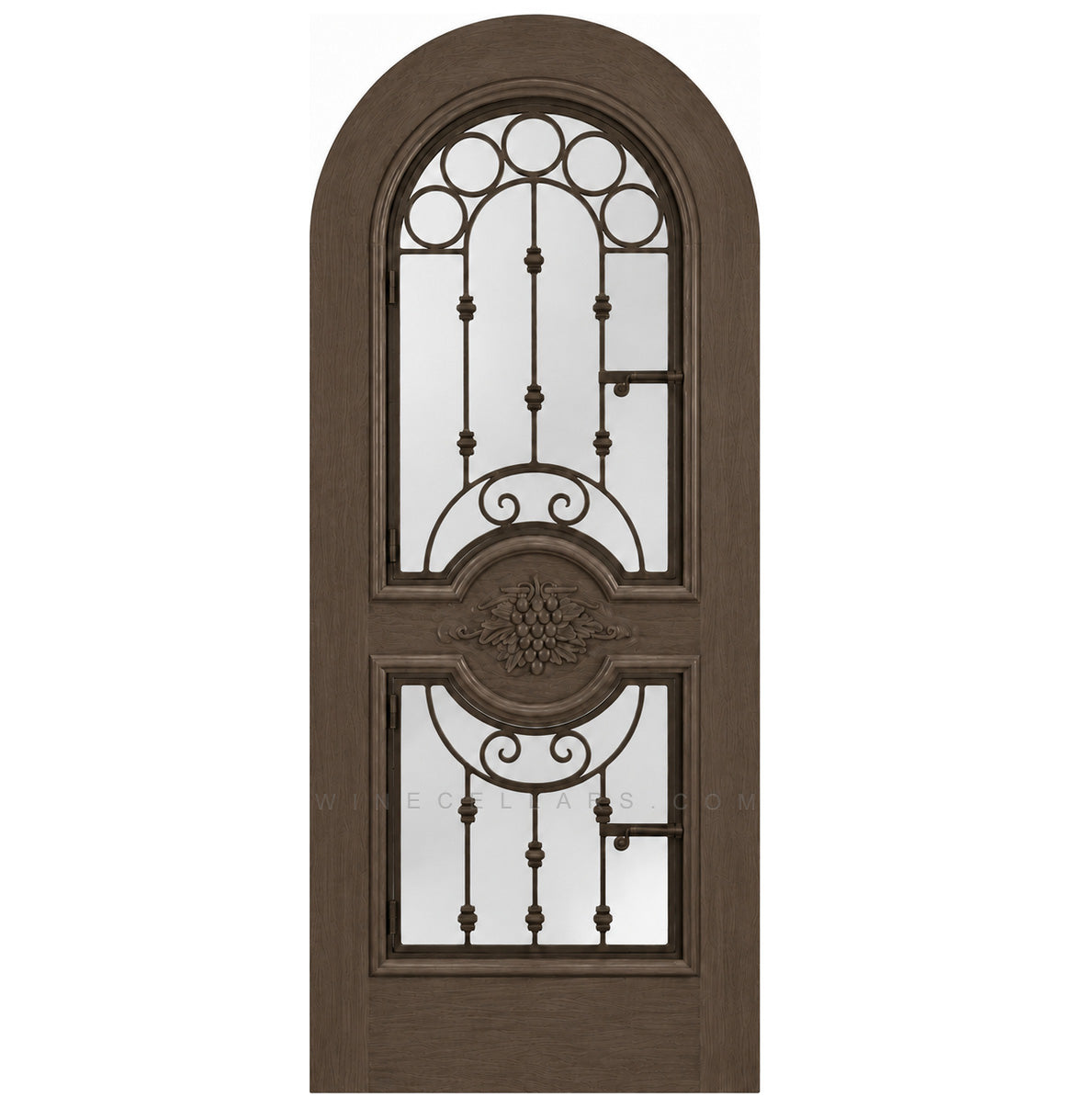 Medium brown arched wine cellar door with decorative iron grille and two glass panels