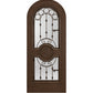 Rich dark brown arched wine cellar door with decorative iron grille and two glass panels