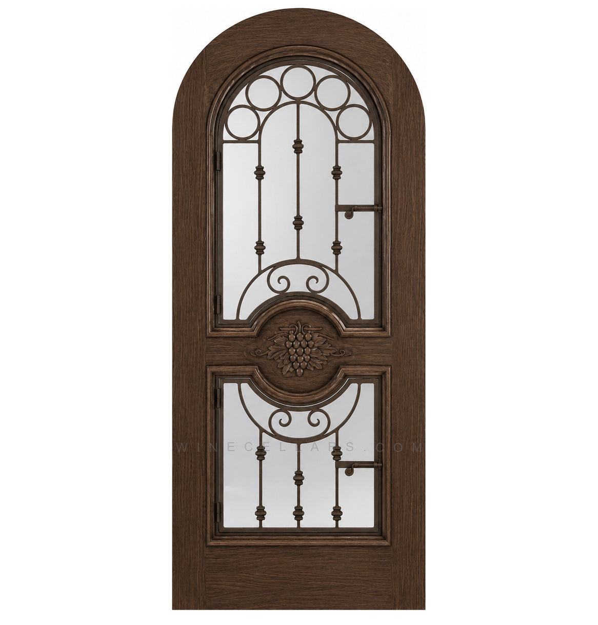 Rich dark brown arched wine cellar door with decorative iron grille and two glass panels