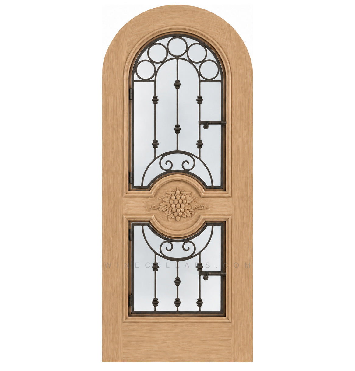 Light tan arched wine cellar door with decorative iron grille and two glass panels