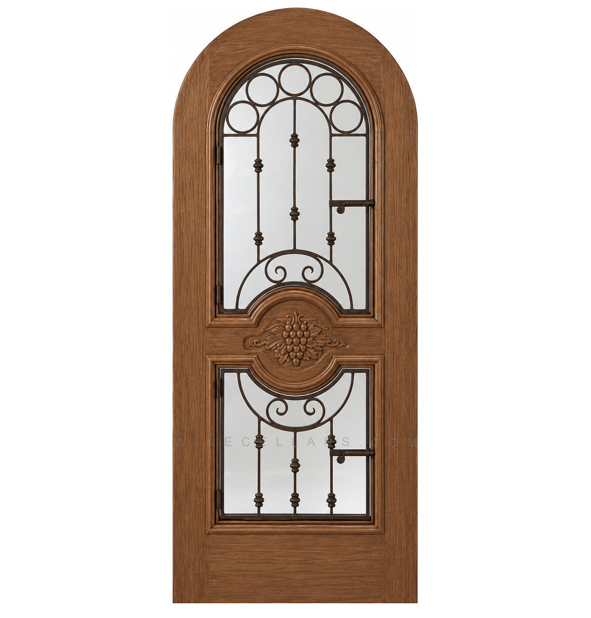 Natural wood tone arched wine cellar door with decorative iron grille and two glass panels