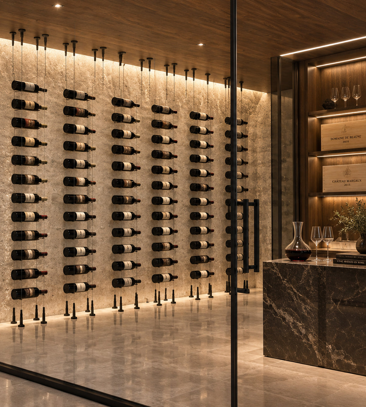 Tall cable wine rack wall with hanging bottles and golden bronze mounting posts
