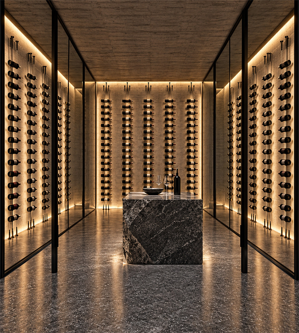 Wall-mounted 6-bottle wine rack with floating bottle rows and black metal cables