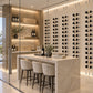 Float-style cable wine display with rows of hanging bottles, golden bronze hardware