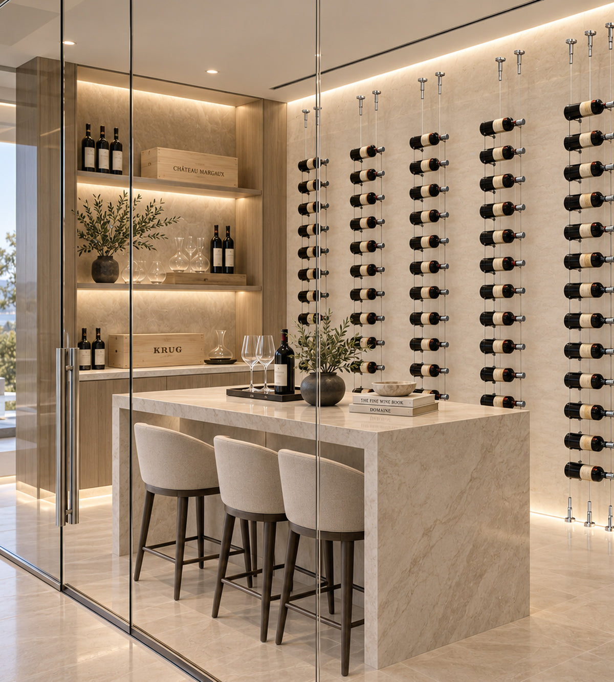 Float-style cable wine display with rows of hanging bottles, golden bronze hardware