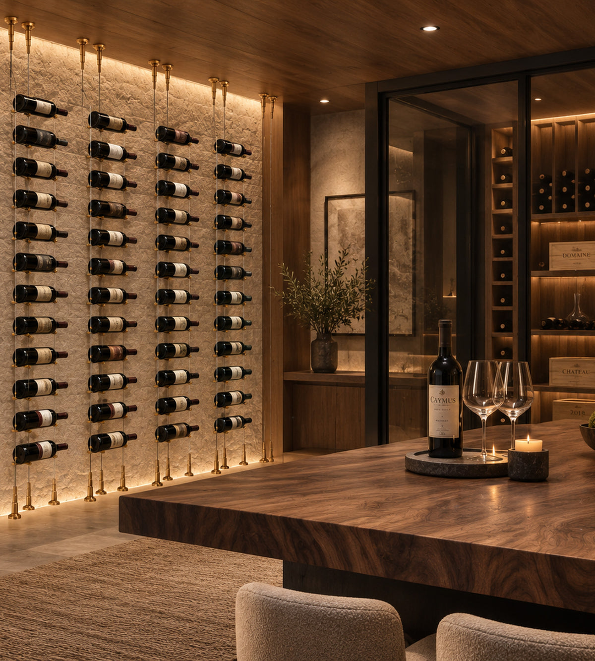 Cable wine rack wall with many hanging bottles and golden bronze hardware rails