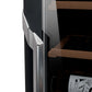 Wine refrigerator close-up with a black side panel, dark glass door, and silver handle