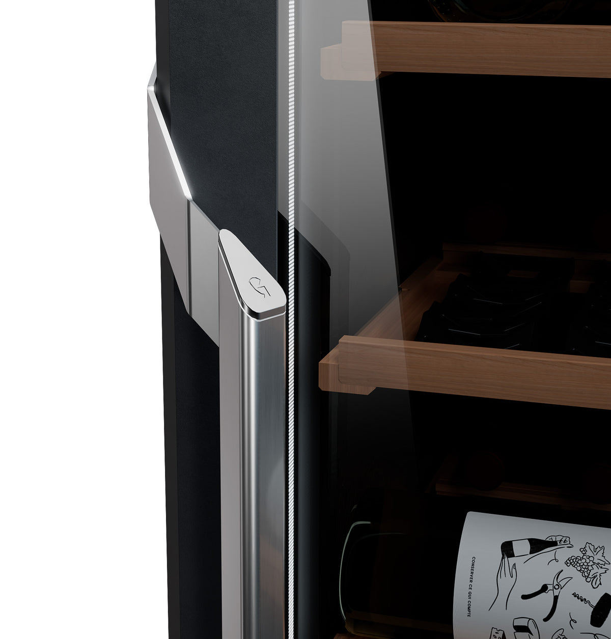 Wine refrigerator close-up with a black side panel, dark glass door, and silver handle