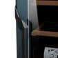 Wine refrigerator close-up with a slate blue side panel, dark glass door, and vertical handle
