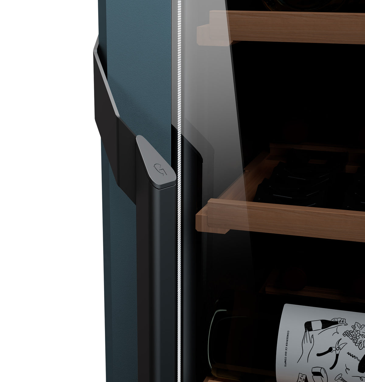 Wine refrigerator close-up with a slate blue side panel, dark glass door, and vertical handle