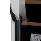 Wine refrigerator close-up with a white side panel, dark glass door, and vertical handle