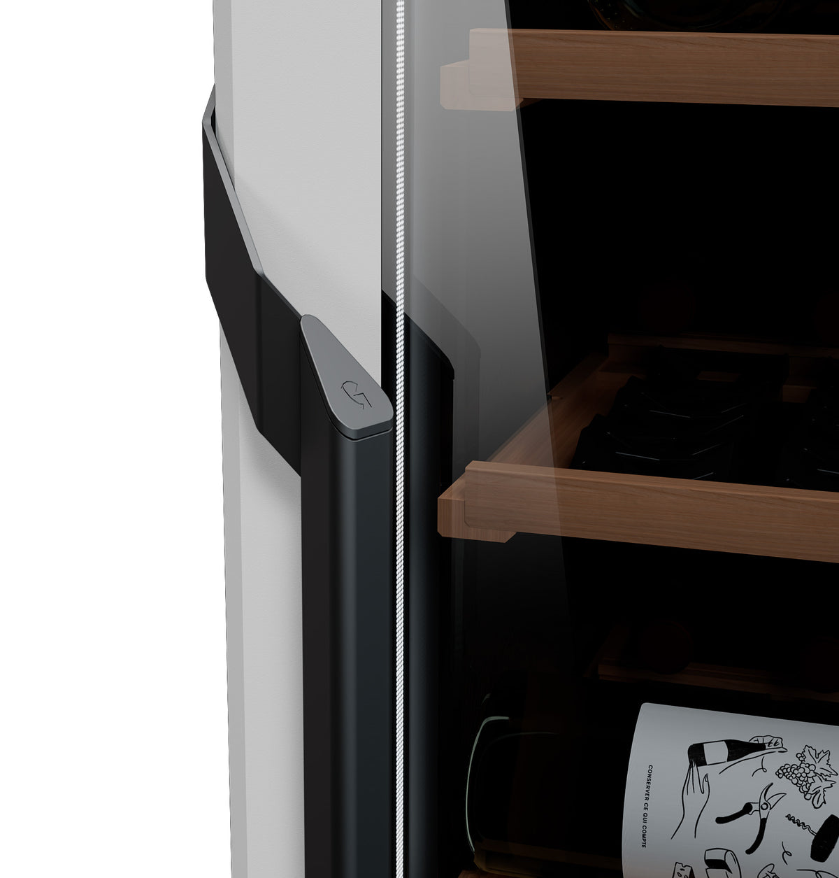 Wine refrigerator close-up with a white side panel, dark glass door, and vertical handle