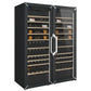 Pair of black wine refrigerators with glass doors and rows of wine bottles