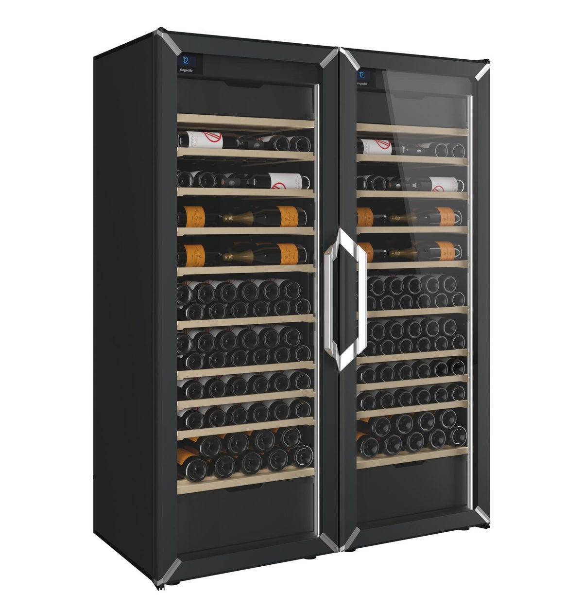 Pair of black wine refrigerators with glass doors and rows of wine bottles