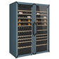 Pair of slate blue wine refrigerators with glass doors and rows of wine bottles